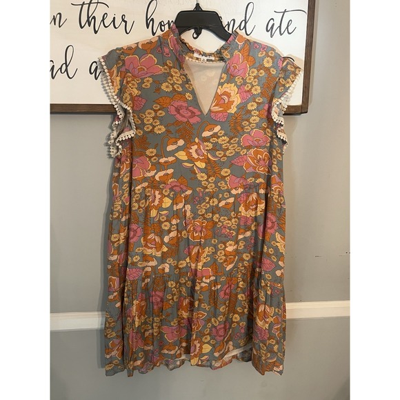 THML Dresses & Skirts - THML‎ Tiered Fall Floral Orange Pink Ruffle BoHo Tiered Flutter Sleeves Size XL